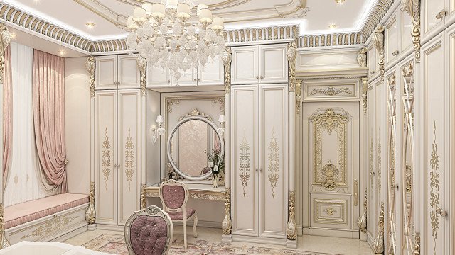 This picture is showing a luxurious interior design concept from Antonovich Design. It features a modern, ornate design that combines white, gold, and black colors. The walls are covered in an Italian marble print, while the furniture consists of plush velvet sofas and chairs with intricate detailing. A grand piano is also showcased in the center of the room. Additional features of the design include a crystal chandelier and a marble fireplace surrounded by elegant drapery.
