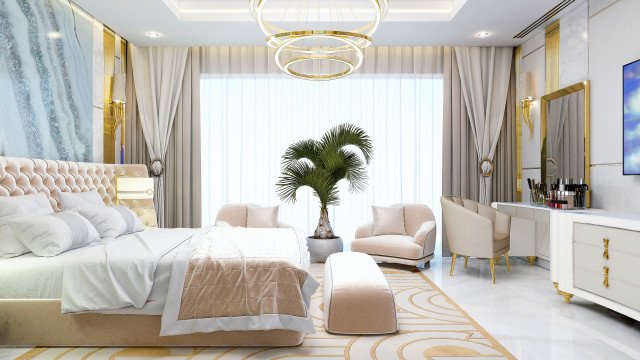 Image depicts a classic interior design featuring luxurious furnishings and decor, including a grand chandelier, crystal vases, gilded mirrors, ornate chair upholstered in velvet fabric, and a soft color palette.