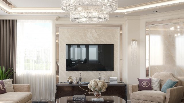 This picture shows a modern and luxurious living room. It has a white marble tiled floor and walls, and the ceiling is decorated with an ornate chandelier and gold accents. On the left side of the room there is a white sofa with black and gold throw pillows, and a white armchair. In the middle of the room is a white coffee table surrounded by two blue velvet armchairs. On the wall behind the sofa is an abstract painting in shades of blue and grey.