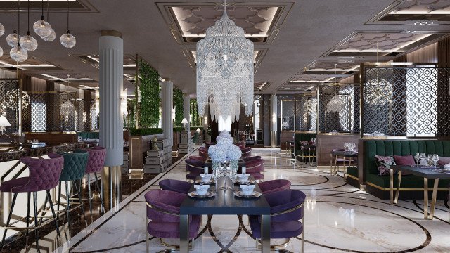 This picture shows a luxurious dining room with a large marble table in the center. The walls are covered with a beautiful wallpaper and golden decorations, while the ceiling is adorned with a beautiful crystal chandelier. On the right side of the room, there is a large window that allows natural light to enter. The furniture around the room is made of dark wood and is designed in an elegant style.