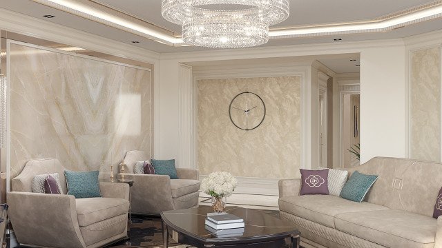 This picture depicts a luxurious living room design. The room features a beautiful crystal chandelier, walls covered in an intricate golden wallpaper pattern, an elegant white sofa set, and a glossy coffee table. The warm tones of the wood floor add to the overall elegance of the setting.