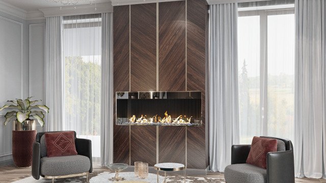 Modern luxury interior with beige and golden color scheme, featuring a sofa with gold accents, abstract wall art, a coffee table, and a statement chandelier.