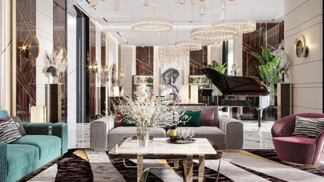 This picture shows a design from the world-renowned Antonovich Design firm. The design is of a luxurious living room with white marble floors and cream sofas. The walls are decorated with gold accents and wall hangings, giving the room an elegant feel. There is also an ornate chandelier hanging from the ceiling and two glass-top tables with lamps. The overall effect is one of sophistication and luxury.