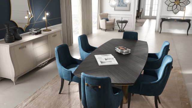 This picture is a rendering of a high-end apartment design created by Antonovich Design. The large open space features a modern kitchen with marble countertops, a breakfast bar, and multiple ovens. In the center of the room is an elegant dining table surrounded by stylish chairs. At the end of the room is a comfortable living area with soft white couches and chairs, and a stone fireplace. Above the fireplace hangs a dramatic chandelier. Large windows fill the walls with natural light, while the balconies provide additional outdoor space.