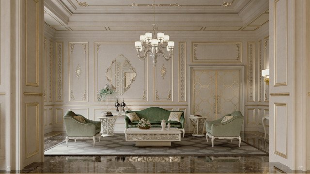 This picture shows a modern interior design with luxurious elements. The main feature of this room is the cream-colored velvet sofas and armchairs, along with matching ottomans, arranged in a semicircle around the focal point of the room, a grand piano. The walls are a light gray color, and the floor is an off-white ceramic tile. The ceiling is embellished with a richly detailed gold pattern with crystal accents, giving the room a regal feel. A beautiful chandelier hangs from the center of the room, adding to the luxurious atmosphere.