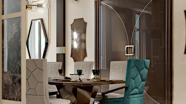 This picture shows a luxurious living room with white walls, floor-to-ceiling windows, and a comfortable seating area. The overall design features vibrant colors, such as teal, gold, and red, and decorative accents, such as rugs, lighting fixtures, and artwork. The elegant furniture is composed of a brown leather sofa, side tables, and a coffee table. The grand chandelier hanging above the coffee table completes the look of this stylish space.
