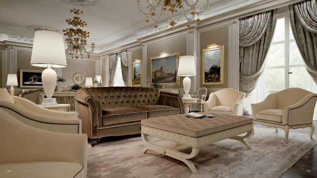 This picture shows a luxurious dining area with gold and white accents. The walls of the room are decorated with intricate wall panels in a warm golden color and feature a white molding trim with a crystal chandelier in the center of the ceiling. The furniture is upholstered in white leather and velvet, accented with gold metallic details. A large, round dining table is positioned in the center of the room, surrounded by chairs upholstered in a coordinating white fabric. Tall white curtains hang around the windows to provide privacy and elegant appeal.