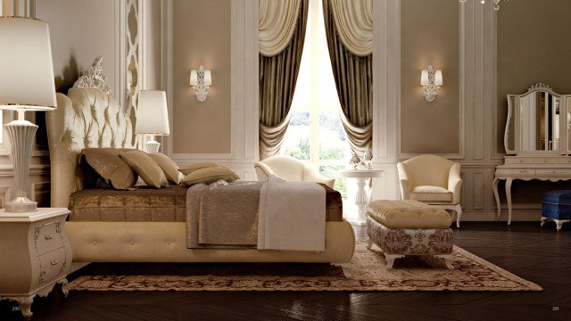 This picture shows a modern interior design in a luxurious bedroom. The bedroom features a large bed with an upholstered headboard, flanked by two tall side tables with beautiful lamps on them. There are also two chairs and a small coffee table situated in the corner of the room. The walls are painted in a light beige shade, while the floor is covered with a light cream-colored rug. The overall look is warm and inviting, creating an atmosphere of comfort and relaxation.