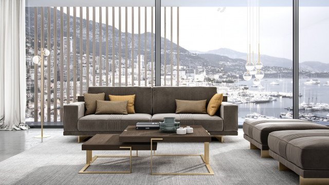 Luxurious modern living room featuring neutral-colored furniture and warm lighting accents.