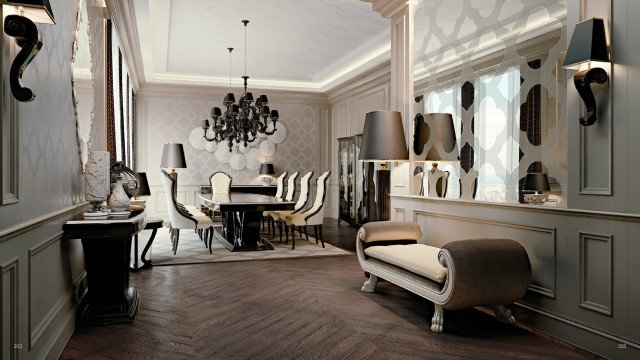 This picture shows a high-end luxury dining room. The room is adorned with furniture and decor in shades of white, silver and gold. The walls are painted a neutral light grey color and feature tall arched windows with sheer white curtains. In the center of the room is a large white marble round dining table surrounded by luxurious black leather chairs. Above the table hangs an ornate gold chandelier, while at the far end is a fireplace with beige marble detailing on its mantel.