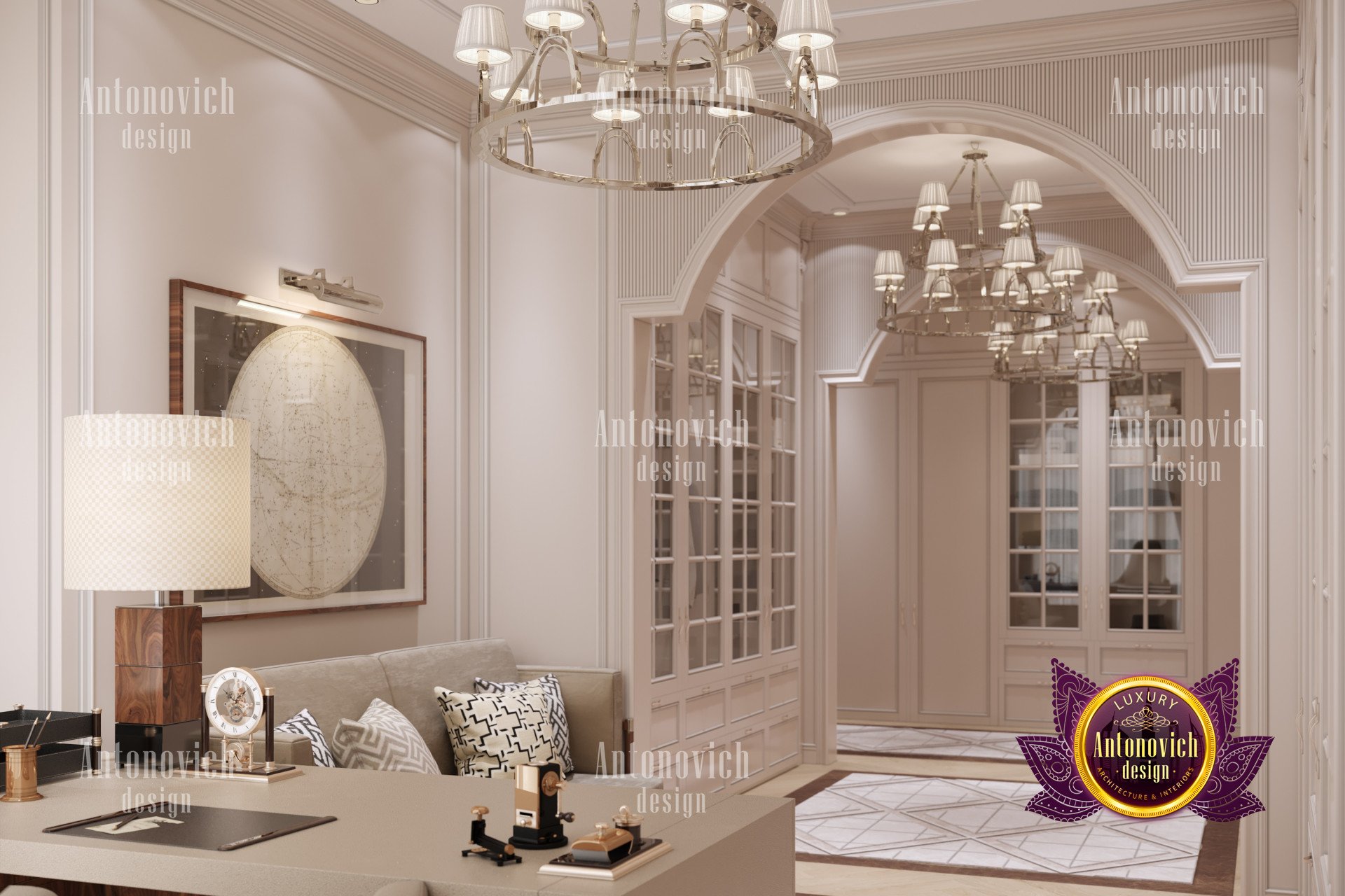 Luxurious modern living room featuring a central seating area with brown sofa and armchairs set around a white circular table, complemented with a chandelier, wall art, and a gray shag rug.