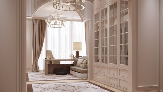 This picture shows a rendering of a living space designed by Antonovich Design. The room is spacious and airy, featuring a mix of contemporary and classic décor elements. The walls are painted a light blue color and the floor is covered with wooden parquet tiles. The furniture is neutral and simple, including a sofa, armchair, coffee table, and two side tables. Large windows allow plenty of natural light to fill the room, providing a bright and cheery atmosphere.