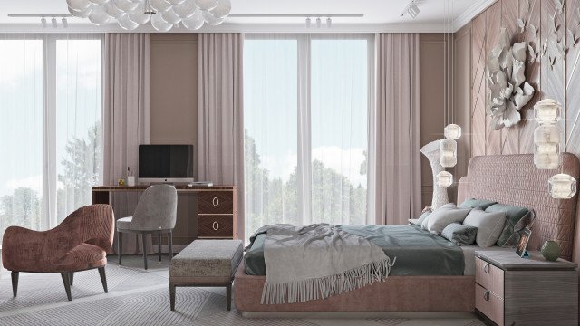 This picture shows a luxurious bedroom interior featuring a king-sized bed in the middle, with two symmetrically designed nightstands on either side. The walls are adorned with intricate gold detailing and a crystal chandelier is hanging from the ceiling. A chaise lounge chair is placed in one corner of the room, while a furry white rug is laid out across the floor. A plush bench is also visible at the foot of the bed.