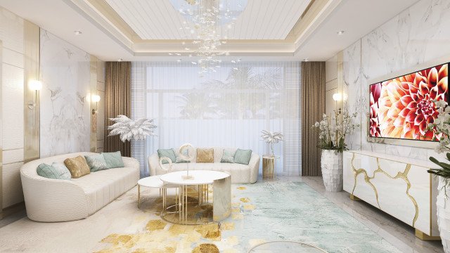 A luxurious penthouse living room with marble flooring and walls, intricate ceiling details, comfortable seating arrangement, and an elegant light fixture.