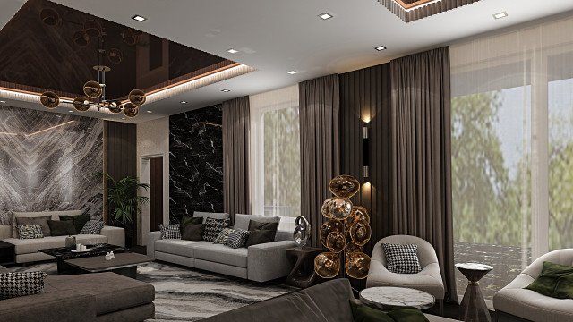 This picture shows an interior design of a modern living space. The room features an ivory leather sofa placed against an accent wall with a large grey and black abstract painting. To the right of the sofa is a white coffee table with a white orchid and a grey ceramic vase. On the left side of the room is a contemporary white bookcase with a unique shape. The walls are painted in a warm grey color and accented with white trim. There are several small accessories throughout the room, such as a silver lamp to the left of the sofa, two geometric pieces of artwork above the