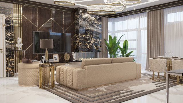 This picture shows an interior design concept inspired by nature. It features a seating area with an exquisite wooden coffee table in the middle, surrounded by two luxurious sofas with a lush green plant as the centerpiece. Layers of plants and flowers decorate the walls, in complement to the white marble floor. To add a hint of modern sophistication and luxury, a golden-framed mirror hangs on one of the walls.