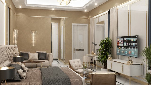 This picture shows a luxurious living room designed in a modern style. The main color palette is white, beige, and gold. The walls are white with beige details, and the floor is a light marble. There are several statement pieces in the room, including a large crystal chandelier, an elegant white sofa, and two gold graceful armchairs. The table in the center of the room has a decorative marble surface. Large windows offer plenty of natural light, and the room is brightened with artistic paintings and lamps.