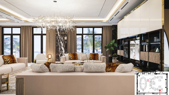 Modern luxury living room with high-end contemporary furniture, stone fireplace, and decorative wall art.