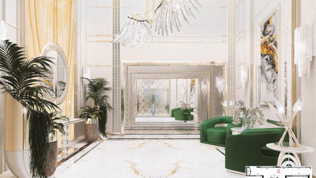 An opulent and sophisticated living room, featuring a crystal-adorned chandelier, ornate console tables, and plush armchairs.