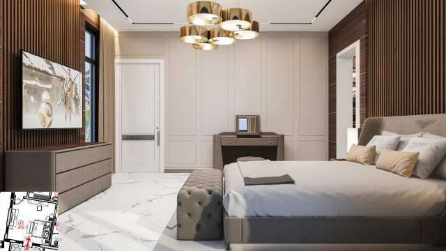 Modern bedroom with white walls, dark hardwood floors, and a large bed centered in the room. Light fixtures adorn the walls and ceiling.