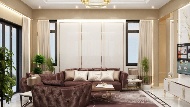 This picture shows a modern luxury living room designed by Antonovich Design. It features beige walls, a white fireplace, and luxe furniture pieces with gold accents. The room has a classic feel, with a large cream-colored sectional sofa, two beige armchairs, and a sculptural glass coffee table. The walls are decorated with ornate gilded frames, and the floor is finished in a light oak parquet. The room is also lit by several modern wall lamps and recessed ceiling lights.