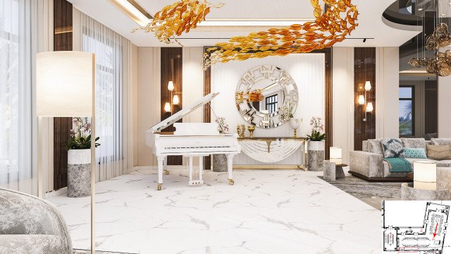 This picture shows a luxurious interior design featuring gold finishings, marble flooring, and cream walls. The furniture around the room is also ornately designed and upholstered, with a classic chaise lounge, a coffee table, and two armchairs. On the walls, there are framed paintings to add more elegance to the space. A crystal chandelier hangs from the ceiling and provides lighting for the room.