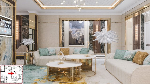 This picture shows a modern luxury living room featuring a cozy cream-colored sectional sofa, framed art on the walls, a chic white coffee table with glass top and metal legs, an off-white rug covering part of the hardwood floor, and a marble fireplace with a black iron mantel.