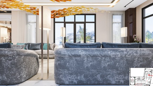 Luxurious bedroom interior with velvet headboard, soft luxury bed linen, beige walls and modern artwork.