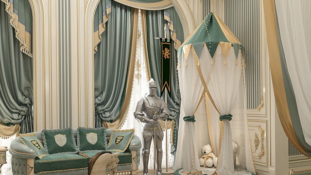 This picture shows a luxurious and ornate dining room. It features a large round dining table with a white marble top surrounded by a set of stylish chairs upholstered in beige fabric. The room has a grand crystal chandelier hanging from the ceiling. The walls are decorated with an elegant wallpaper with a floral pattern and an elaborate gold pattern along the edges of the walls. There is a beautiful framed mirror on the wall, adding to the luxurious feel of the room, and a rich green carpet on the floor.