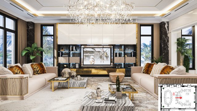 This picture shows a stylish and modern luxury living room. It features white, cream and gold upholstered furniture, including two couches, an armchair, and a round ottoman. The walls are painted a warm beige color and adorned with art pieces and decor. In the center of the room is a glass coffee table with a large floral arrangement, while the room is illuminated by several statement lighting fixtures.