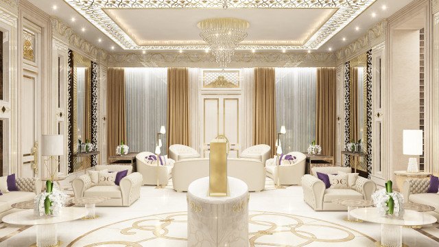 This picture is of a luxury dining room designed by Antonovich Design. The room features an elaborate marble floor, with an ornate wood dining table in the center. Along the walls there are floor-to-ceiling windows, upholstered chairs with gold accents, and a crystal chandelier suspended from the ceiling. There is also a white grand piano centrally located in the room.
