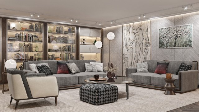 This picture shows a modern living room, designed by Antonovich Design. The room features a grey, curved sofa framing a stone fireplace and glass accent wall. The walls are grey and white, and a large, abstract painting hangs above the fireplace. A glossy, white coffee table sits at the center of the room, with a grey and pink rug underneath. The room is accessorized with black and white throw pillows, modern lamps, and a tall, green indoor plant in the corner.