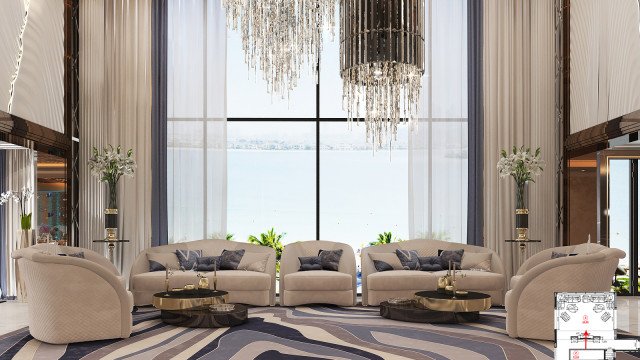 Harmonious balance of luxurious furniture, accessories, and decorative elements in a contemporary living room.