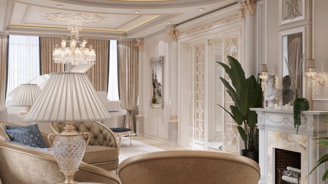 This picture shows an elegant and modern home interior design featuring a luxurious living room with white walls and large windows. The room is furnished with comfortable white sofas and armchairs, a round coffee table, and a rug on the floor. A beautiful crystal chandelier hangs from the ceiling and adds a touch of glamour to the room.