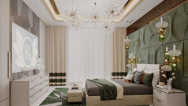 This picture shows a modern contemporary bedroom design, featuring a stunning black four-poster bed with white linen, two bright green velvet armchairs, and a large round white ottoman. The room has light grey walls and white ceiling, with a decorative wall mirror and plants for decoration. A silver chandelier hangs overhead for an added touch of sophistication.