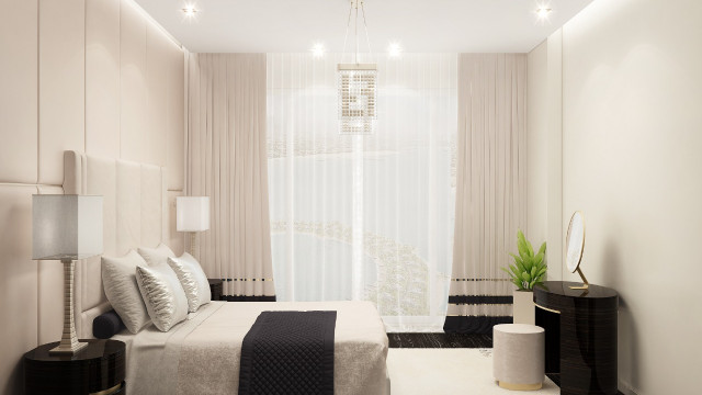 Modern luxury interior design featuring high-end furniture, accents, and decorative lighting.