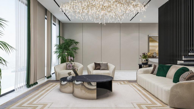 Luxurious interior design project with modern style, combining exquisite furniture and decor elements, gold