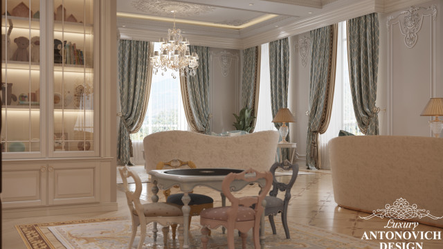 A luxurious living room featuring a white grand piano, multiple sofas, velvet chairs, and a chandelier.