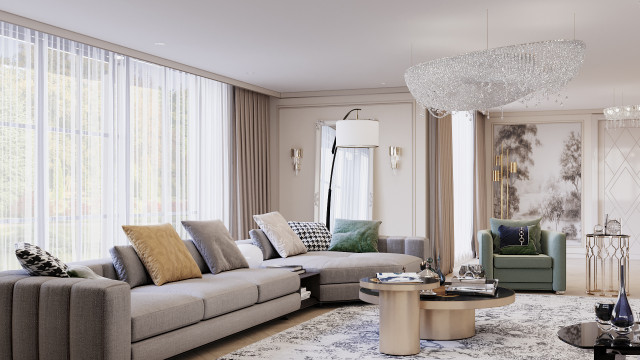 This picture shows a luxurious modern living room designed by Antonovich Design. The room features a grey and white patterned marble floor and a two-sided fireplace with an ivory mantel. There is an elegant ivory sofa flanked by two comfortable armchairs, along with a sleek glass coffee table. On either side of the sofa are two white end tables, one with a decorative vase, and a white rectangular rug in the middle. The walls feature large panoramic windows that overlook a beautiful garden.