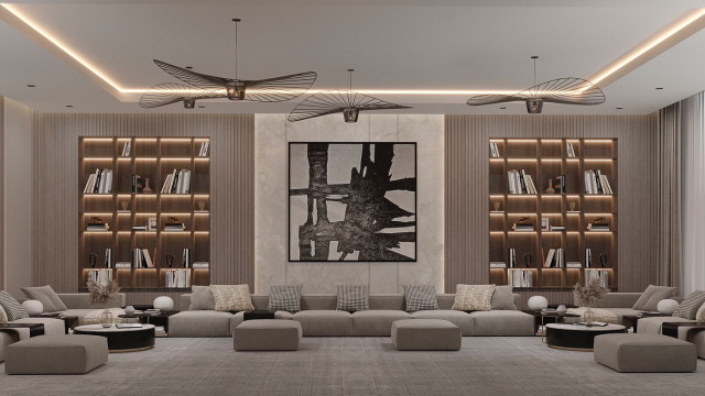 This picture shows an interior design concept for a modern living room. The color palette is neutral, with a mixture of whites and grays. The focal point of the room is the luxurious velvet sofa, which is surrounded by minimalist art pieces mounted on the walls. The room is illuminated by several recessed lights in the ceiling, as well as a contemporary floor lamp in the corner of the space. The overall design creates a relaxing and inviting atmosphere that encourages one to relax and enjoy their time in this room.
