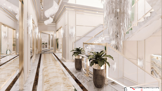 This picture shows an opulent marble and gold bathroom. The walls are covered with white marble and gold accents, with a large gold and silver mirror adding to the luxurious aesthetic. A white marble sink and cabinet sit atop a white marble countertop, and the floor has a pattern of white and gold tiles. Gold fixtures and accents complete the look, making this a truly luxurious bathroom.