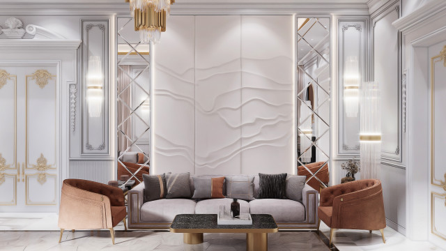 This is a picture of a luxurious and modern living room designed by Antonovich Design. The interior features a comfortable grey sofa, with two armchairs on each side, as well as a glass coffee table in the center. The walls are painted in a light beige color, creating a warm and inviting atmosphere. Along the walls, there are several pieces of artwork, such as a painting and a poster in a frame. There is also a large built-in shelf that can be used to store books and other items. The overall design of the room is modern and stylish, while still providing