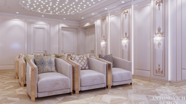 This picture shows a luxurious and modern living room. It features a white sofa with armchairs, a round coffee table, a large glass window, and a crystal chandelier. The walls are painted in a warm beige color that compliments the rest of the decor. The floor is laid with a light beige carpet for comfort and style. Overall, this picture showcases a stunningly designed and sophisticated living area.