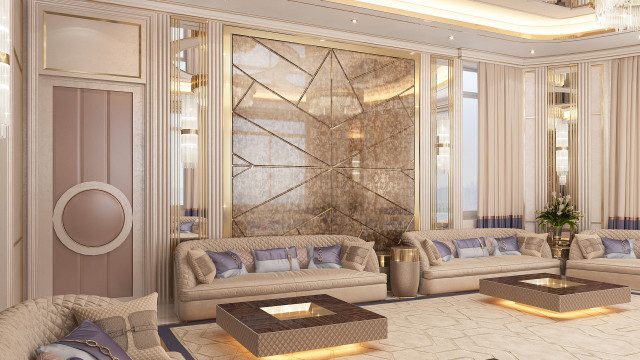 This picture shows an elegant and modern indoor living space. The room features an ornately inscribed marble wall, as well as a luxurious white sofa and armchair set. The walls, ceiling, and floors all have a light wood finish that helps to create a cozy and inviting atmosphere. There is also a contemporary glass coffee table and a crystal chandelier suspended from the ceiling. In the background, the bright sky is visible through a large arched window.