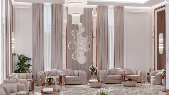 Gorgeous modern living room with classic furniture pieces, exclusive chandelier and exquisite crystal details for a chic, luxurious look.
