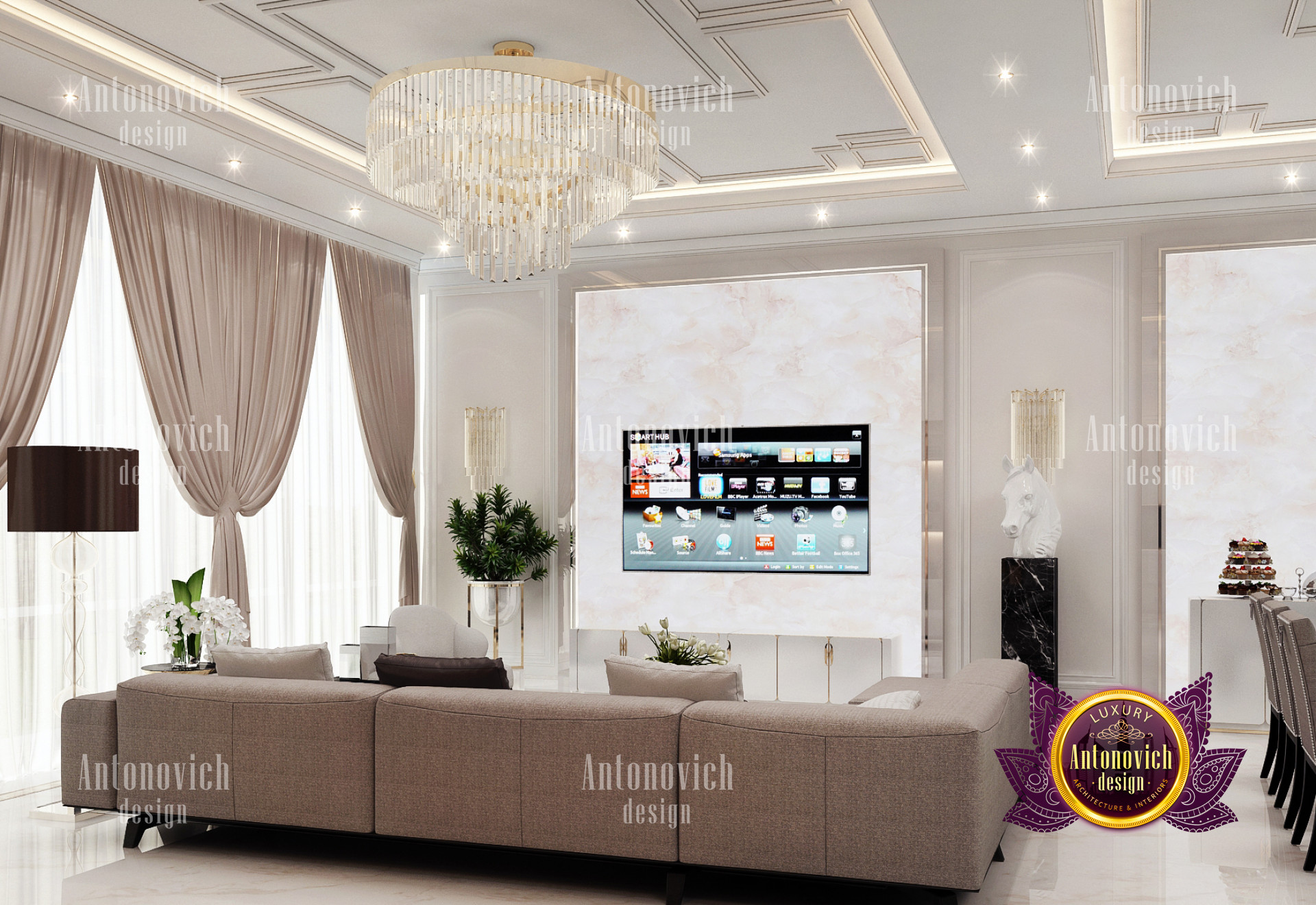 This is a picture of an elegant and sophisticated living room. The room has a luxurious gray and white color scheme, with a marble-tiled floor and white walls. There is a large sectional sofa in the center of the room, along with two armchairs around a coffee table. An ornate white fireplace is featured in the corner, along with an area rug and some art pieces. On the left, there is an open doorway leading to a balcony.