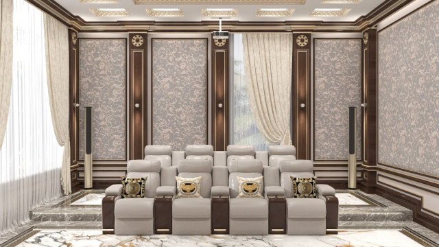 jpgThe picture shows an interior design of a luxury living room. The room features a modern fireplace with marble mantel, a set of white sofas and armchairs, and a large beige rug. The walls have dark wood paneling and the windows are framed by heavy drapery. The decorative elements include a crystal chandelier and several framed art pieces.