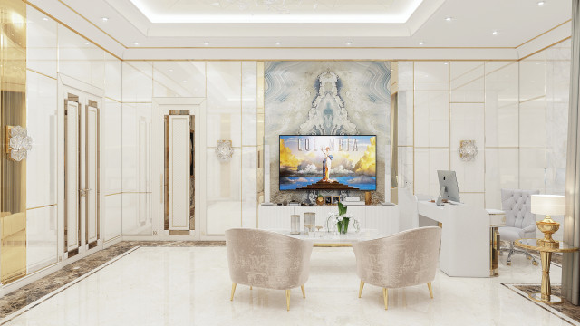 Luxurious interior design with marble details and rich gold accents, creating a classic yet modern atmosphere.