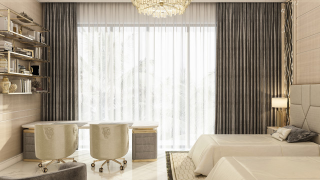 The picture shows a stylish and luxurious living room with an open floor plan. The walls are painted a neutral shade of white, and the floors are covered in cream-colored marble. The furniture is upholstered in a light beige fabric, and includes two sofas, two armchairs, and two side tables. There is also a glass coffee table in the center of the room. Accents of gold and black can be seen in the metal accent pieces and wall sconces, giving the room a modern and elegant feel.