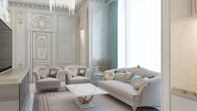 This picture shows a luxurious living room with a sunken seating area. The area is framed by a marble stair wall and filled with plush couches, cushions, and pillows. A large crystal chandelier hangs above the seating area, providing a warm and romantic light. Other features of the room include an ornate fireplace, a large art piece on the wall, elaborate window treatments, and an exquisite patterned area rug.